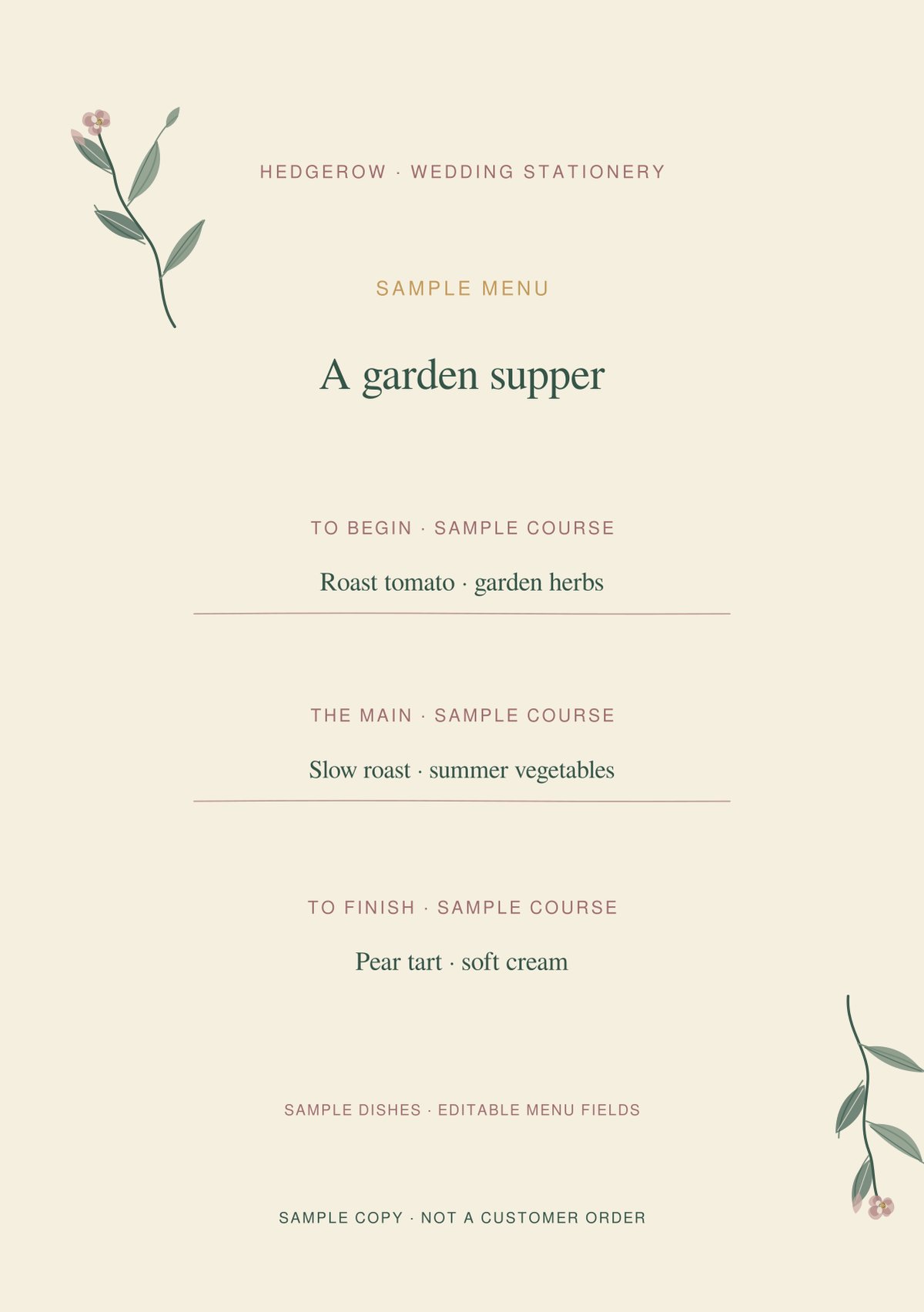 Hedgerow Menu artwork preview with clearly marked sample wording.