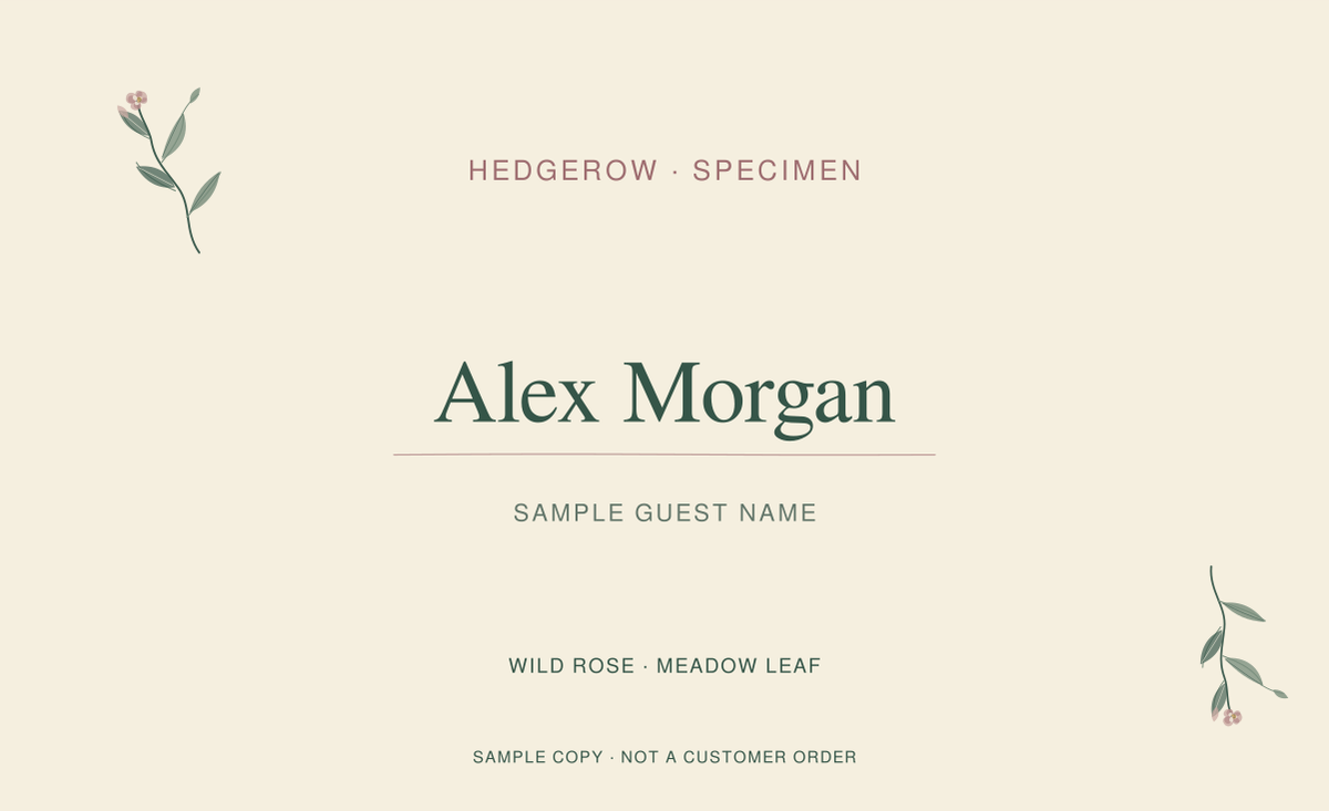 Hedgerow Place card artwork preview with clearly marked sample wording.
