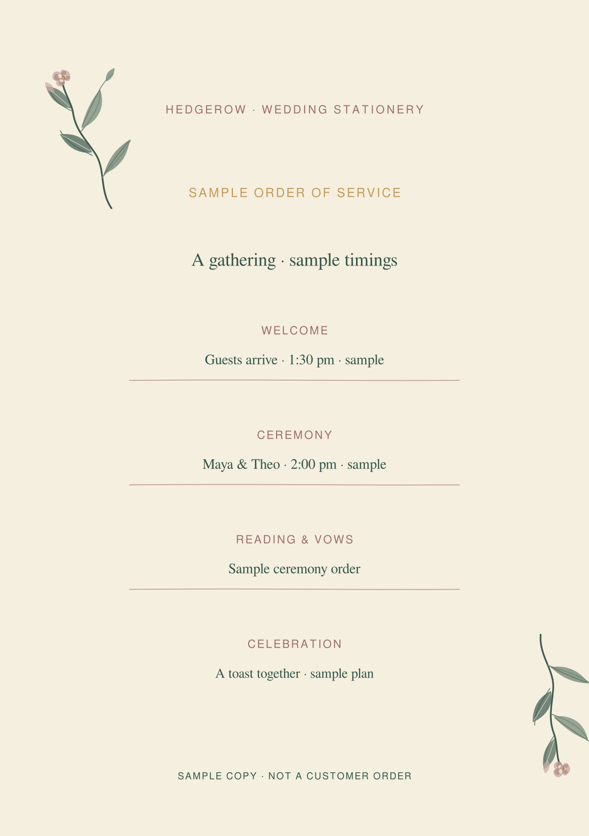 Hedgerow Order of service / programme artwork preview with clearly marked sample wording.