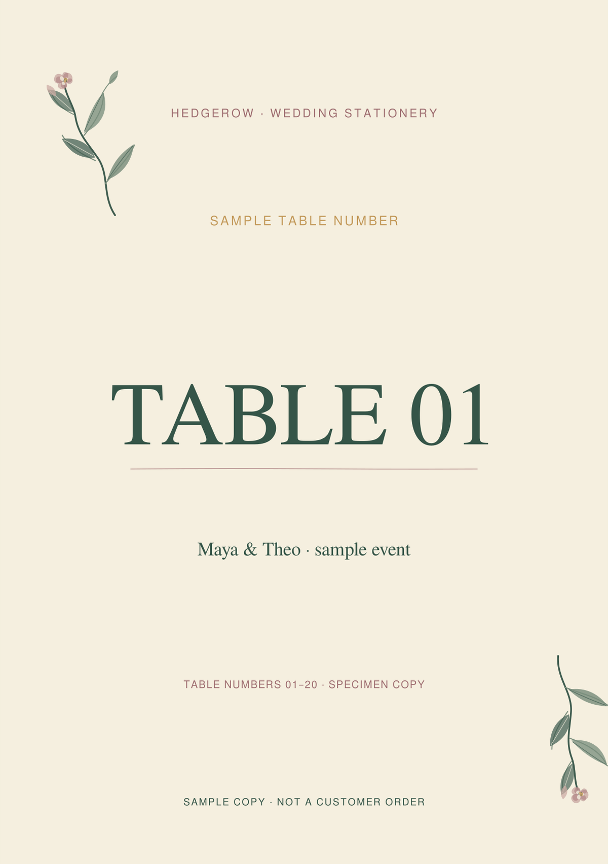 Hedgerow Table number artwork preview with clearly marked sample wording.