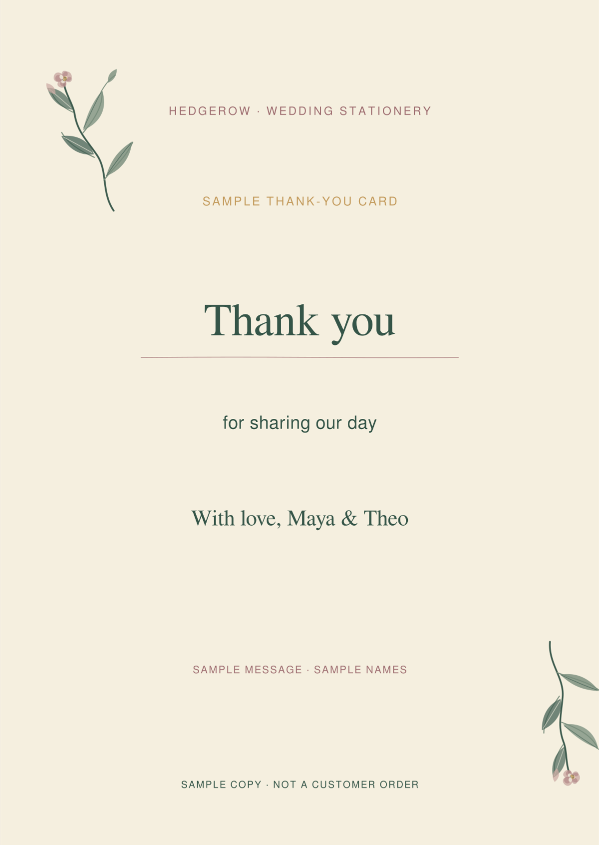 Hedgerow Thank-you card artwork preview with clearly marked sample wording.