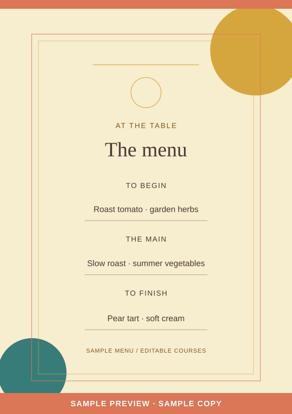 Sunroom Menu artwork preview with clearly marked sample wording.