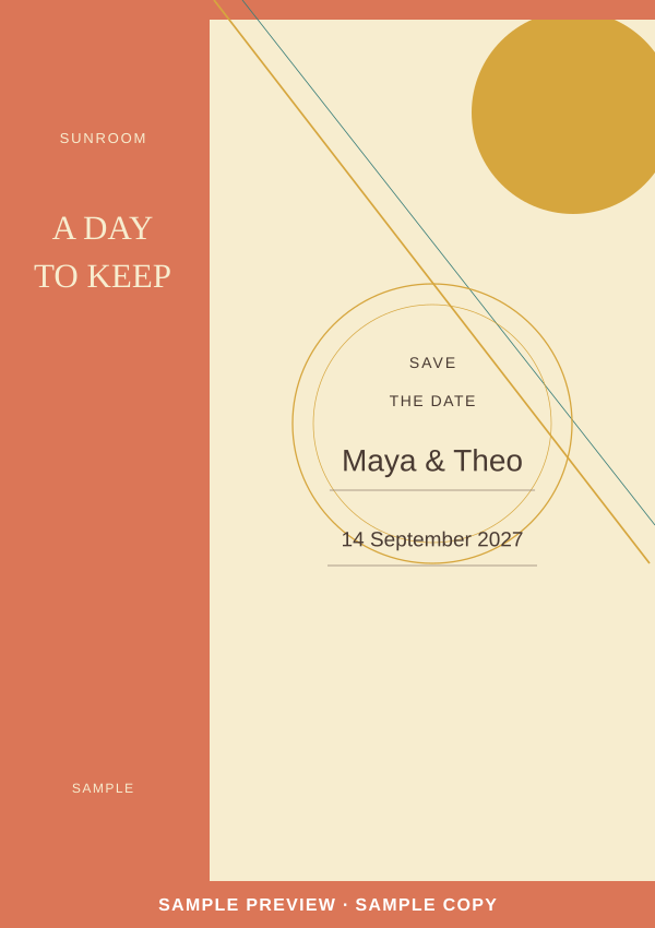 Sunroom Save the date artwork preview with clearly marked sample wording.