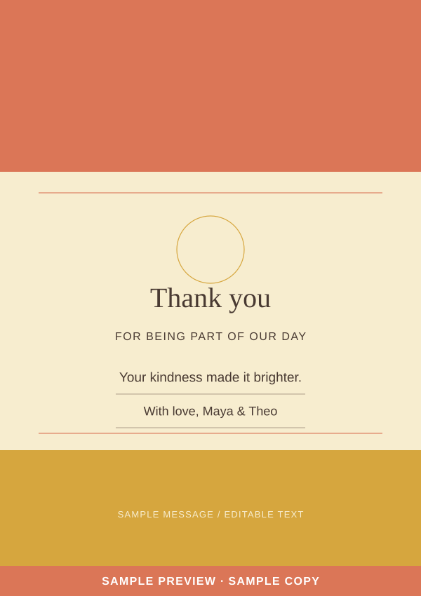 Sunroom Thank-you card artwork preview with clearly marked sample wording.