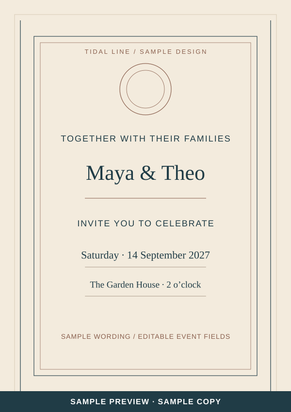 Tidal Line invitation artwork with sample names and a marked preview label