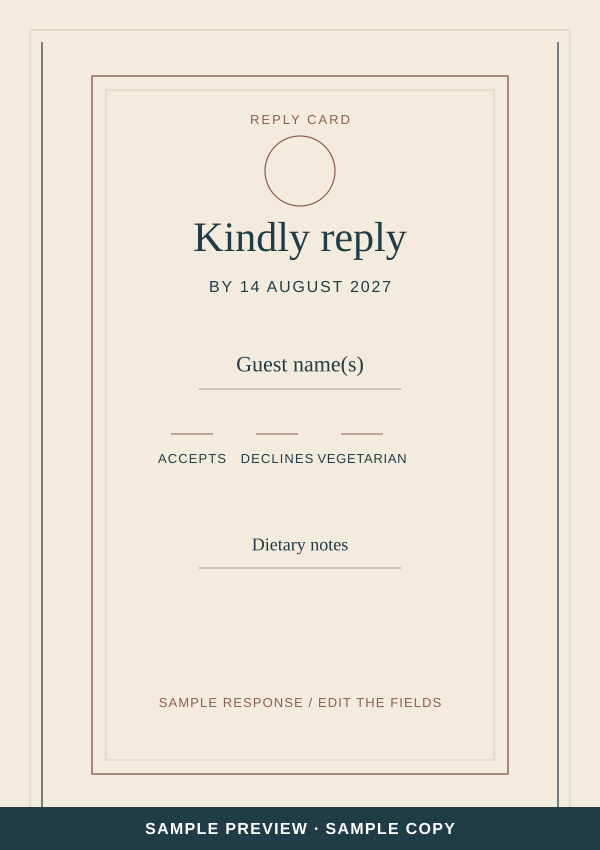 Tidal Line RSVP card artwork preview with clearly marked sample wording.
