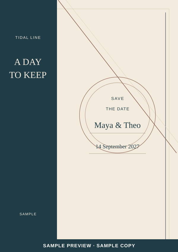 Tidal Line Save the date artwork preview with clearly marked sample wording.