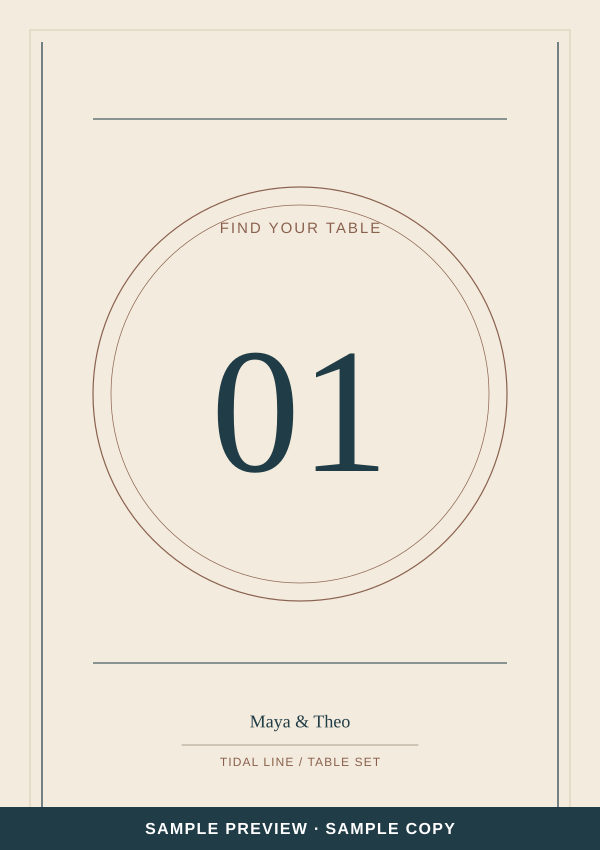 Tidal Line Table number artwork preview with clearly marked sample wording.