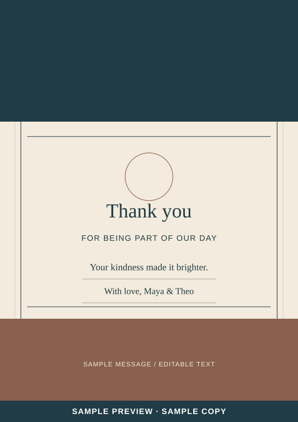 Tidal Line Thank-you card artwork preview with clearly marked sample wording.