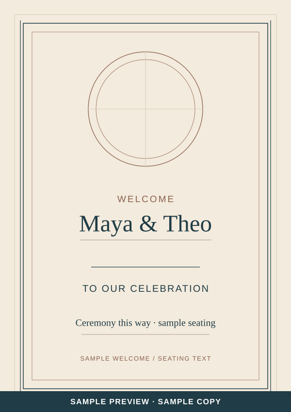 Tidal Line Welcome & seating sign artwork preview with clearly marked sample wording.